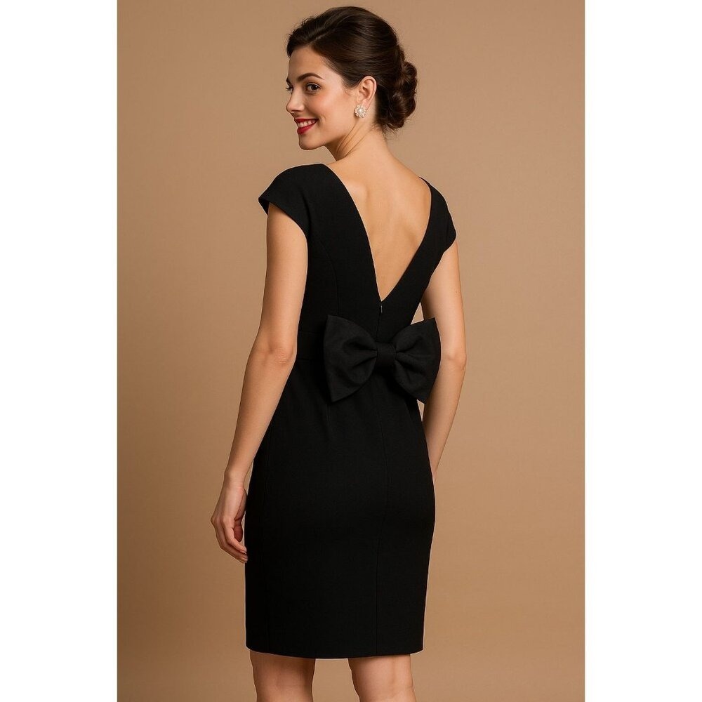 A.J. Bari Wiggle Dress Women 12 Black Bow Back Vintage Cocktail Midi 80s Revival